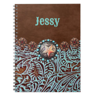 brown turquoise western country tooled leather notebook