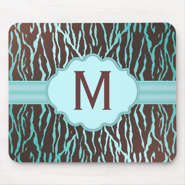 Brown & Turquoise Zebra Stripes Monogram Mousepad (Front)
