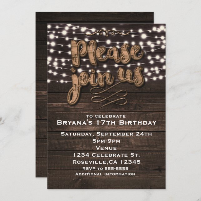 Brown Type Rustic Wood & White Lights Invitations (Front/Back)