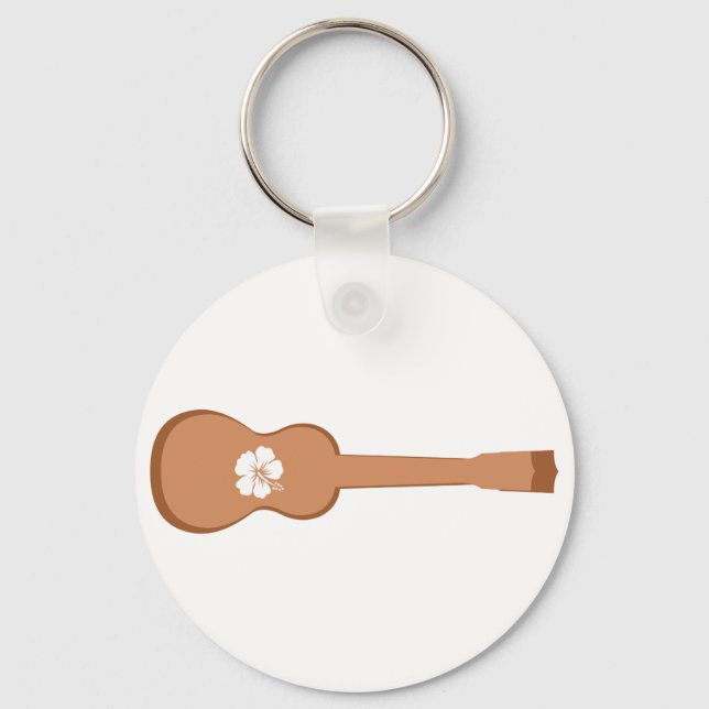 Brown Ukulele and white hibiscus Key Ring (Front)