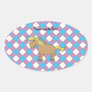 Brown unicorn on purple and blue argyle background oval sticker