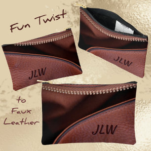 Brown Unzipped Leather with Initials Stylish Accessory Pouch
