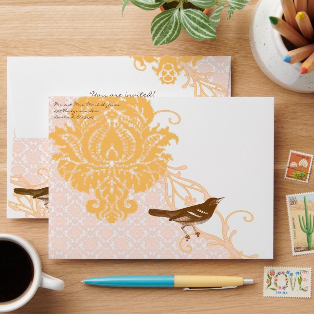 Brown Vintage Bird Wedding Envelopes (Desk)