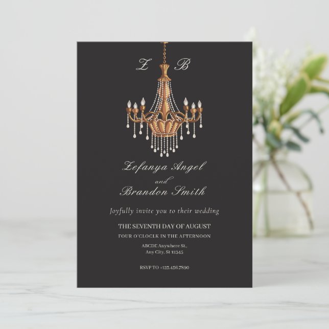 Brown vintage chandeliers wedding  invitation (Standing Front)