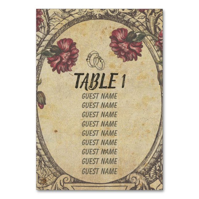 Brown Vintage Classic Wedding Seating Charts Table Number (Front)