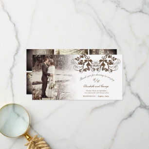 Brown Vintage Damask Floral Flourish Photo Wedding Thank You Card