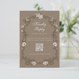 Brown Vintage Floral QR Code RSVP Card