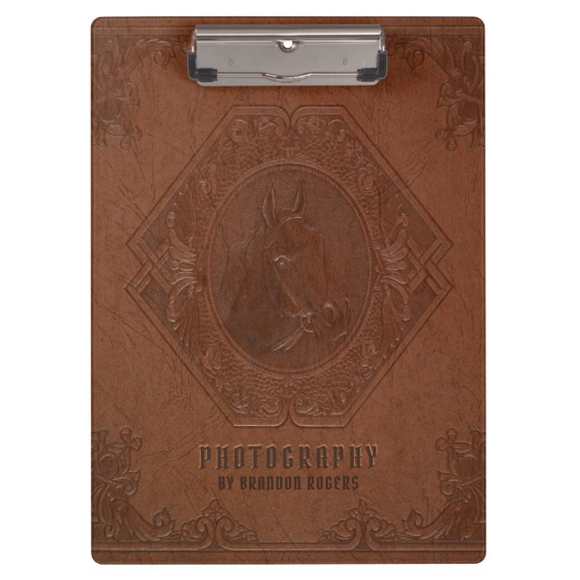 Brown vintage leather embossed horse-head clipboard (Front)