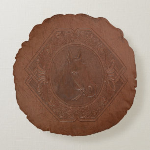 Brown vintage leather framed horse-head round cushion