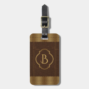 Brown Vintage Leather Gold Border Luggage Tag