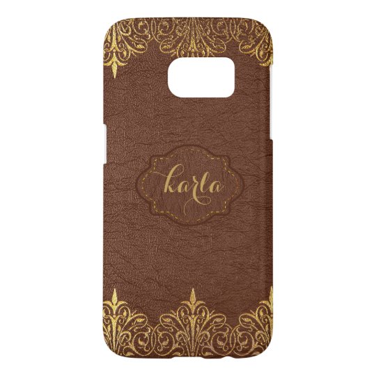 Brown Vintage Leather Gold Floral Frame