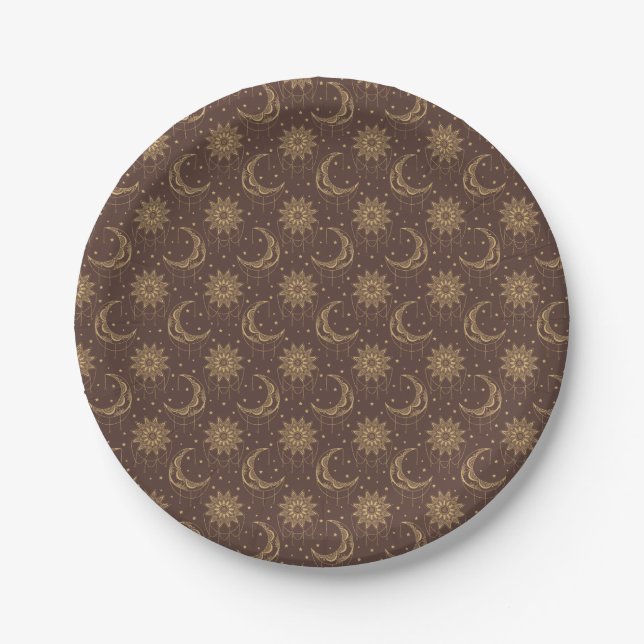 Brown vintage moon ornamental pattern paper plate (Front)