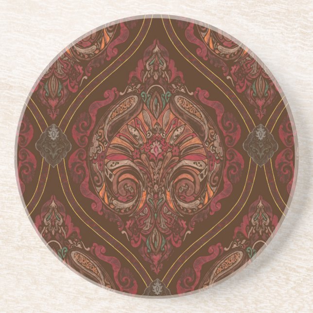Brown Vintage Paisley Mandala Round Coaster - Boho (Front)