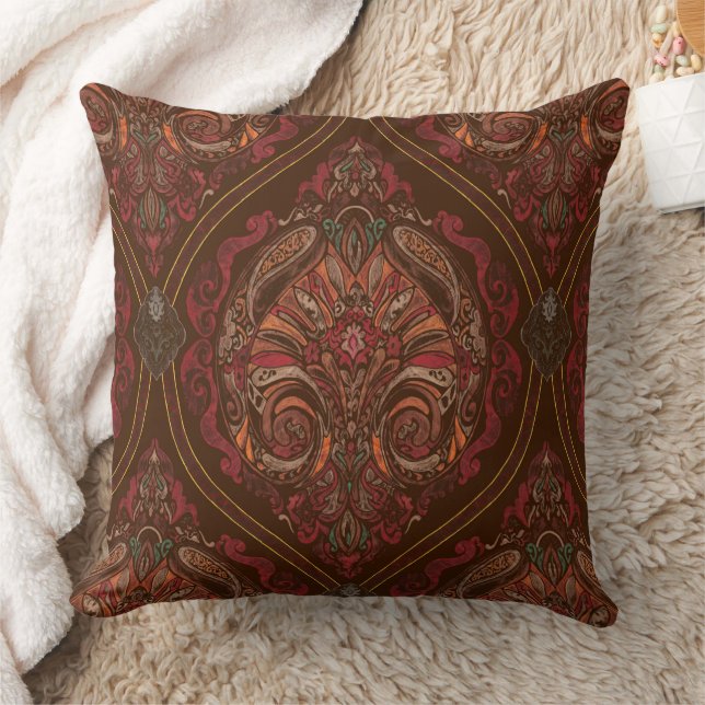 Brown Vintage Paisley Mandala Throw Pillow - Boho  (Blanket)