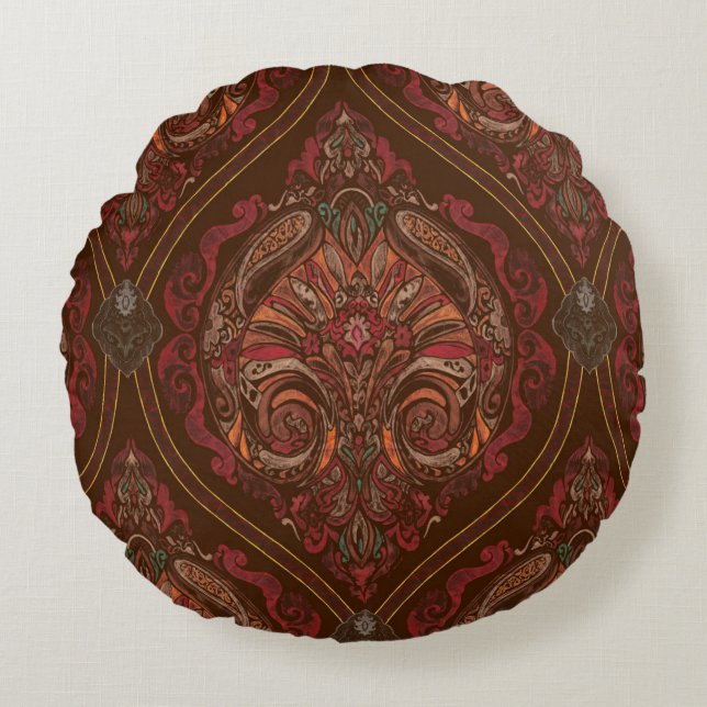 Brown Vintage Paisley Mandala Throw Pillow - Boho  (Front)