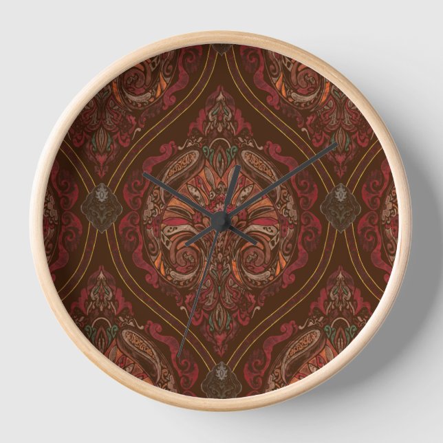 Brown Vintage Paisley Mandala Wall Clock (Front)