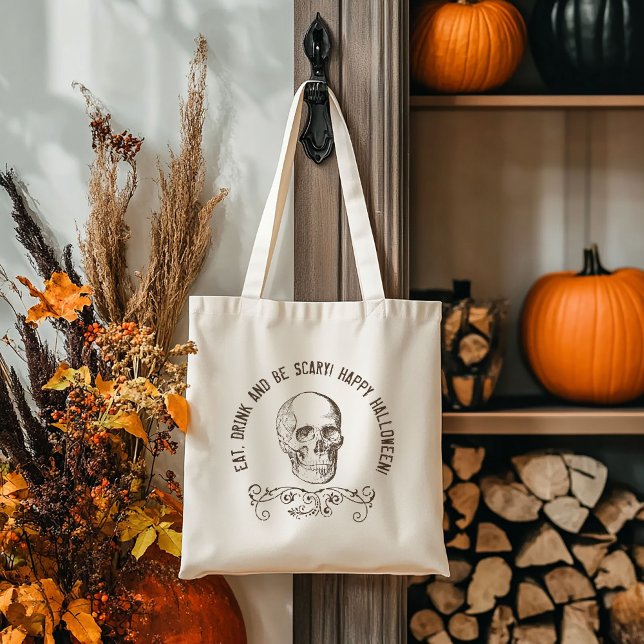 Brown Vintage Skull Personalised Halloween Party Tote Bag (Creator Uploaded)