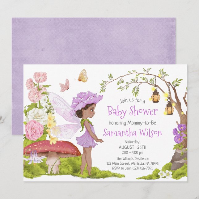 Brown Violet Fairy Floral Baby Shower Invitation (Front/Back)