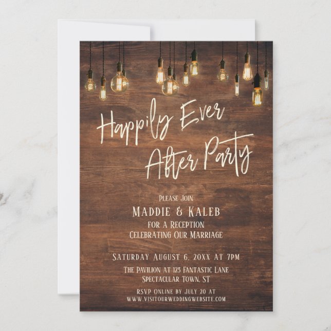 Brown Wall Edison Lights Happily Ever After Party Invitation (Front)