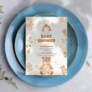 Brown Watercollor Baby Bear Accesories Baby Shower Invitation