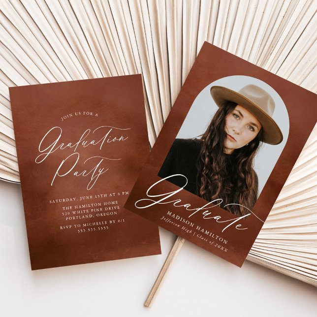 Brown Watercolor Arch Photo Graduation Party Invitation (Creator Uploaded)