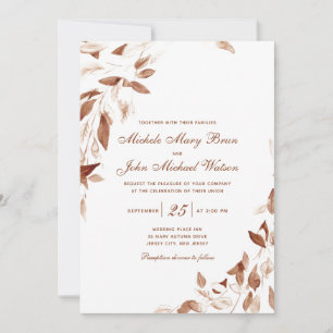 Brown Watercolor Autumn Leaves Wedding Invitation