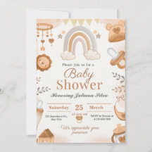 Brown watercolor baby shower invitations 