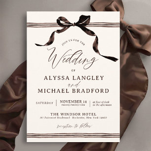 Brown Watercolor Bow Elegant Simple Ivory Wedding Invitation