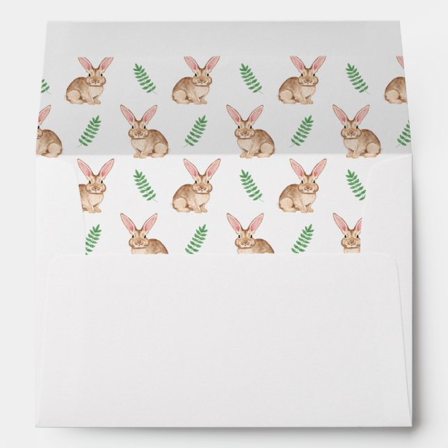 Brown Watercolor Bunny Pattern With Greenery Envelope (Back (Bottom))