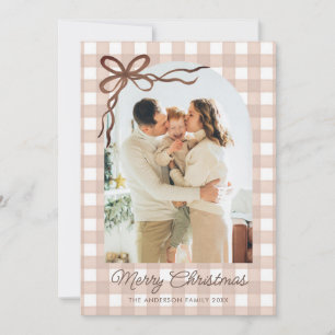 Brown Watercolor Gingham Arch Photo Holiday Card