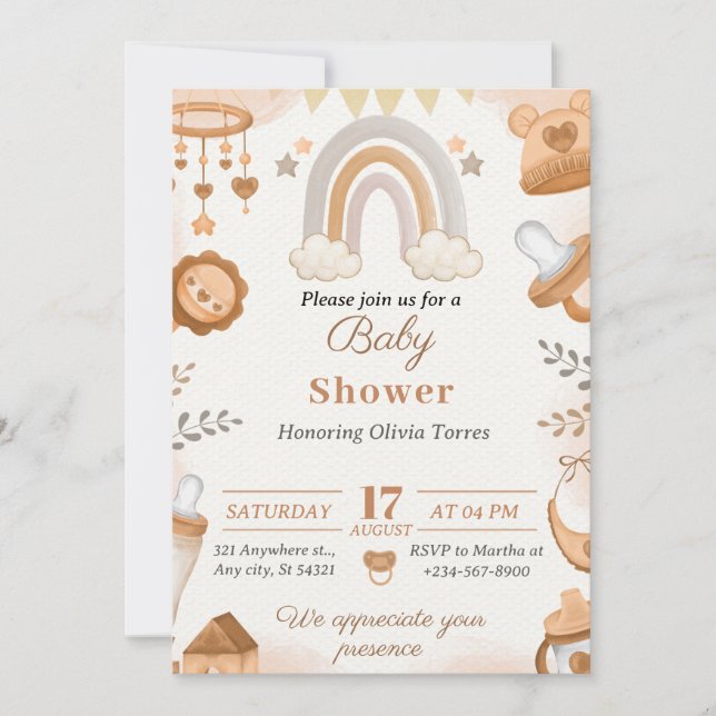 Brown Watercolor Illustration Baby Shower  Invitation (Front)