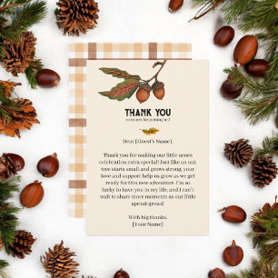 Brown Watercolor Plaid Fall Acorn Baby Shower Thank You Card