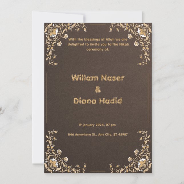 Brown wedding invitation with vintage flowers (Front)