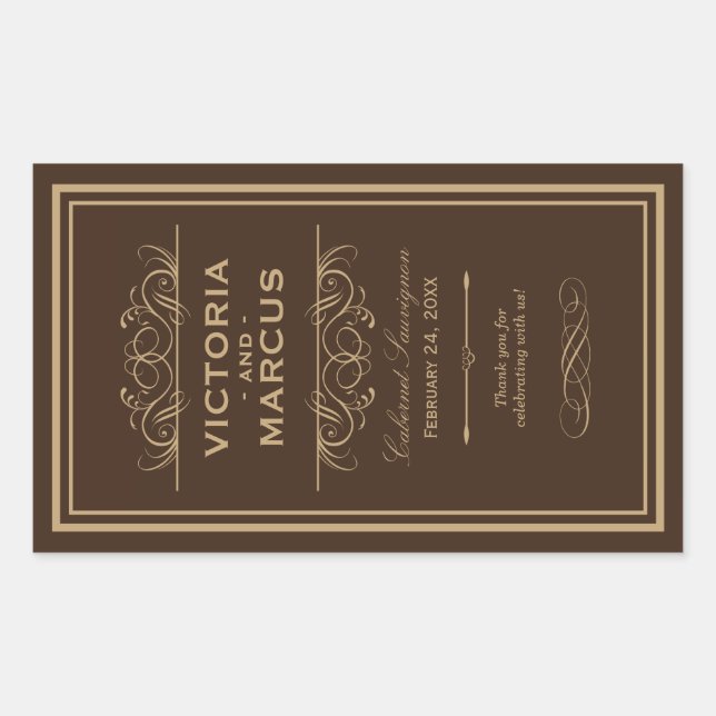 Brown Wedding Wine Bottle Monogram Favour Rectangular Sticker (Front)