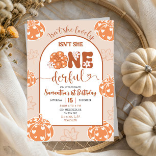 Brown Whimsical Retro Pumpkin Onederfull Birthday Invitation