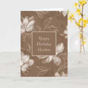 Brown White Abstract Flowers Birthday Card