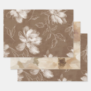 Brown White Abstract Flowers Birthday Wrapping Paper Sheet