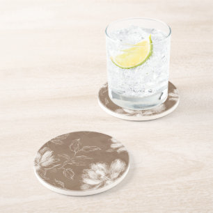 Brown White Abstract Flowers Coaster