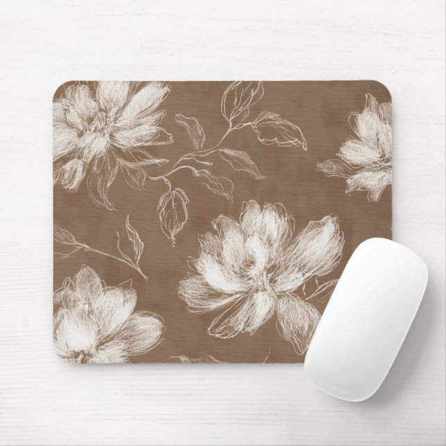 Brown White Abstract Flowers Mouse Mat (With Mouse)