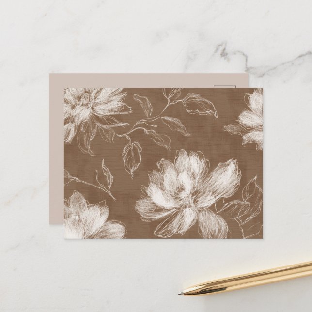 Brown White Abstract Flowers Postcard (Front/Back In Situ)