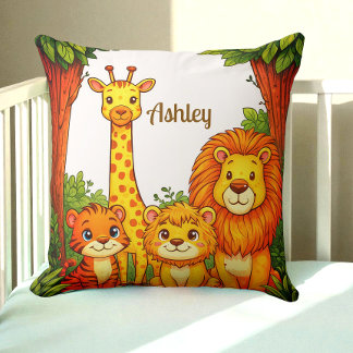 Brown White Animals Nursery Jungle Safari  Cushion