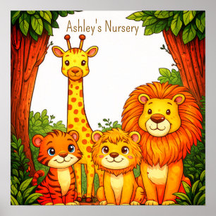 Brown White Animals Nursery Jungle Safari Poster