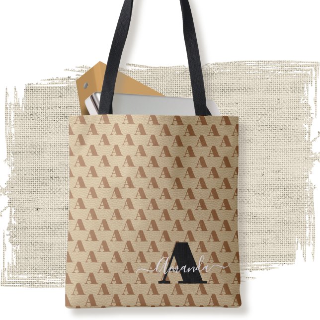 Brown White Black Designer Monogram Script  Tote Bag (Creator Uploaded)