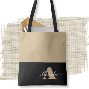 Brown White Black Minimal Monogram Script Tote Bag