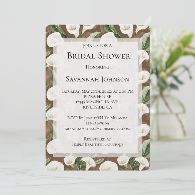 Brown White Calla Lily Floral Bridal Shower  Invitation (Standing Front)