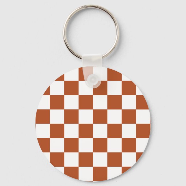 Brown White Chequered Check Pattern Key Ring (Front)