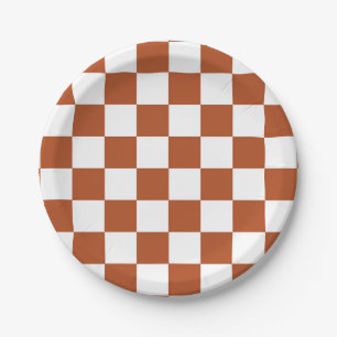 Brown White Chequered Check Pattern Paper Plate