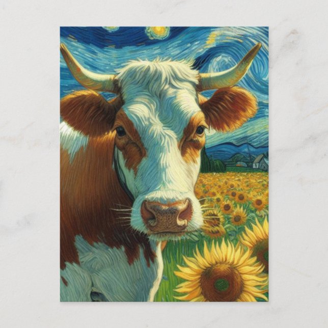 Brown White Cow in a Faux Van Gogh Painting Postcard (Front)