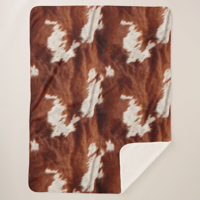 Brown White Cowhide Sherpa Blanket (Front)