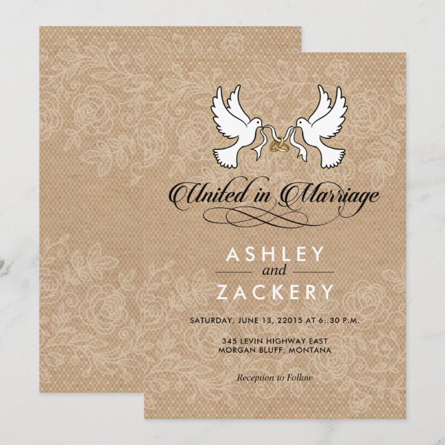 Brown, white doves Wedding Invitation (Front/Back)